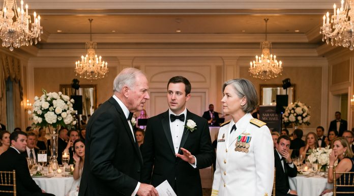 My father’s hatred for my military career turned violent at my sister’s luxury wedding reception. As he furiously twisted my arm to force me out in my Admiral uniform, a glass shattered. The groom immediately charged in, his own face bleeding, and made an announcement that silenced everyone…