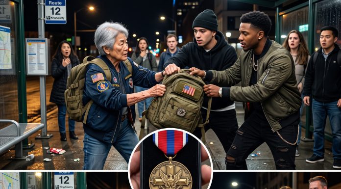 They cornered a lone veteran at a midnight bus stop to steal her bag. But when they pulled out a mysterious navy velvet pouch, their faces turned pale—and the night took a turn no one saw coming.