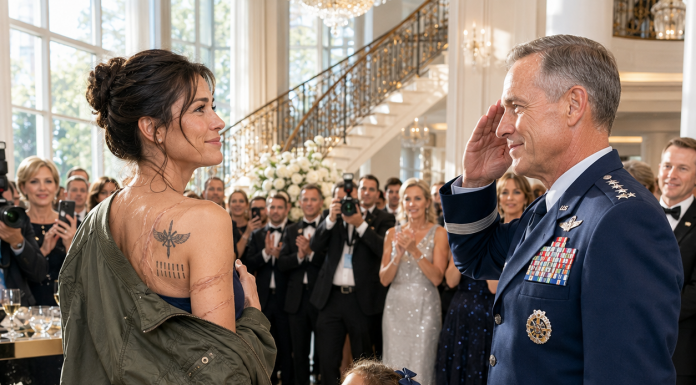 “Security, throw this homeless loser out of my mansion!” My billionaire brother-in-law screamed into the microphone, publicly humiliating me in front of hundreds of elites because of my messy uniform. He thought I was just a broke nobody, until a falling glass tower ripped my jacket open—and his VIP four-star General saw what was hidden on my back…