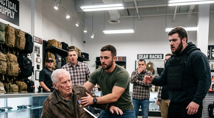 When a loudmouth shop owner mocked an 86-year-old veteran’s military service and pushed him out the door, I couldn’t stand by. I grabbed my phone and dialed a secure number. Ten minutes later, four black government SUVs surrounded the building. You won’t believe the massive secret the old man was hiding…
