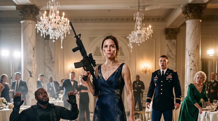 I stood in my torn, blood-stained evening gown, gripping a combat knife and a captured rifle. At my feet, a heavily armed mercenary collapsed on the marble floor. My cowardly husband cowered in absolute terror, finally realizing who he married. But the fight wasn’t over…