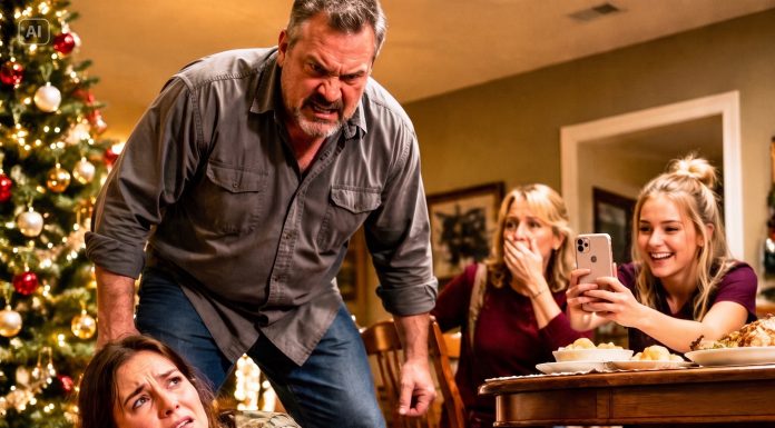 “MY STEPDAD PUSHED ME AT CHRISTMAS DINNER: “THIS SEAT IS FOR MY REAL DAUGHTER — MOVE!.” I HIT THE FLOOR HIS DAUGHTER GIGGLED. I STOOD UP SLOWLY & SMILED: “I’VE OWNED THIS HOUSE FOR 5 YEARS… CHEERS TO THE NEW HOMELESS.””