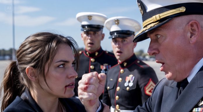 Two thousand Marines watched in stunned silence as the furious base commander struck my face, leaving me with a bleeding lip. He thought I was just a terrified desk worker. When he tried to hit me again, my elite training took over. What happened in the next five seconds completely shattered his entire world…