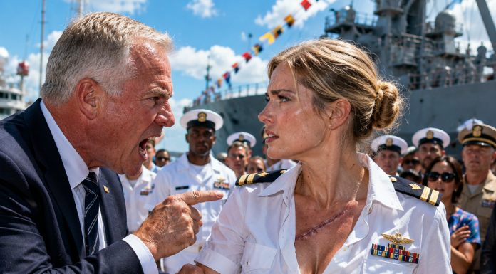 “You’re just a lazy paper-pusher, don’t humiliate your brother today!” my veteran dad hissed, aggressively grabbing my arm in front of hundreds of sailors on the pier. For twenty years, I stayed silent while my family mocked my secret sacrifice. But as the ship’s brass bell rang twice, his arrogant grin vanished when the loudspeakers announced my true rank…