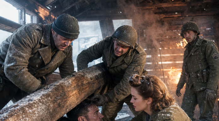 “Lift the beam or he dies right now!” I screamed as fire consumed the cabin. I was just a prisoner, but watching the scarred sergeant pinned under heavy timber while a beautiful nurse wept for his life made me choose humanity over my only chance at freedom.