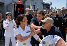 22 years I let my family believe I filed paperwork. At Navy Family Day on my brother’s ship, Dad raised his coffee: “Even the deadbeat showed.” The other families laughed. I said, “Wouldn’t miss it, Dad.” Then the bell struck twice and the whole pier went quiet. The loudspeaker said a title I’d never told them. My brother dropped his cover. “United States Navy arriving.”