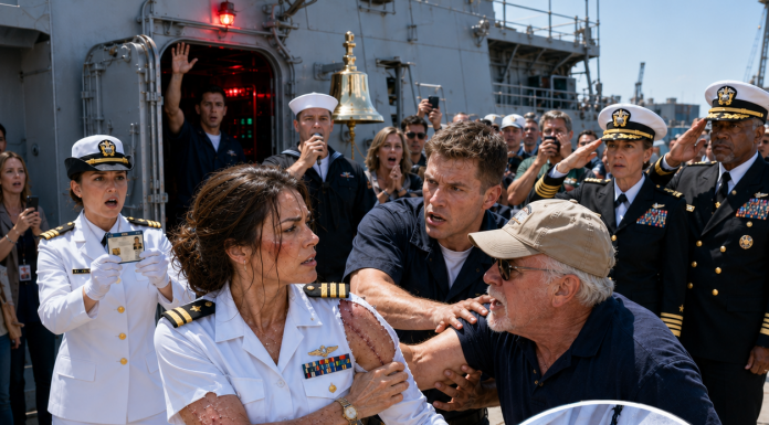 22 years I let my family believe I filed paperwork. At Navy Family Day on my brother’s ship, Dad raised his coffee: “Even the deadbeat showed.” The other families laughed. I said, “Wouldn’t miss it, Dad.” Then the bell struck twice and the whole pier went quiet. The loudspeaker said a title I’d never told them. My brother dropped his cover. “United States Navy arriving.”
