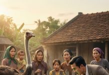 “…Cái này… là cái gì?” Con đà điểu mái Bạch Liên chạy lại, mỏ gõ nhẹ vào cái túi, rồi rít lên như thúc giục.