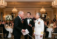 My father’s hatred for my military career turned violent at my sister’s luxury wedding reception. As he furiously twisted my arm to force me out in my Admiral uniform, a glass shattered. The groom immediately charged in, his own face bleeding, and made an announcement that silenced everyone…
