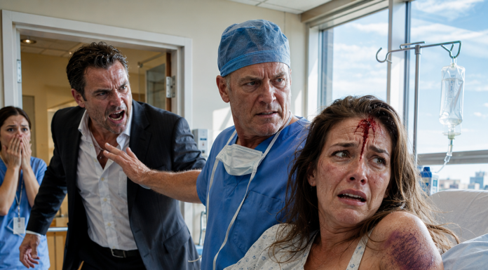 “Get your hands off my wife!” my abusive millionaire husband screamed, completely unaware that the surgeon protecting me was my secret billionaire godfather. Little did he know, we were already recording his threats, and a team of federal agents was waiting right outside the door to end his reign of terror forever.