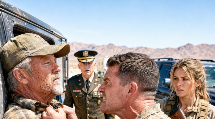 “Get your junk off my range or face a court-martial!” I roared, slamming the old man against my truck—not knowing he was the legendary sniper ghost who was about to shatter my entire twenty-year career and force me to swallow the most bitter pill of my life in the brutal Mojave heat.