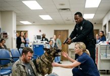 My military dog and I were cornered in a crowded clinic. The security laser was locked on my best friend’s chest while I fought a dangerous fever on the floor. Nobody dared to help until a brave nurse stepped into the line of fire. But she didn’t look at me…