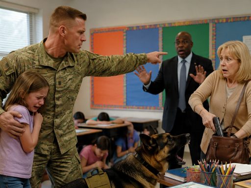 I marched into my eight-year-old daughter’s classroom in full Marine uniform after her teacher labeled our family a fraud, but the moment my loyal K9 partner fiercely alerted to the teacher’s desk, a shocking, dangerous secret was exposed that turned the entire school upside down.