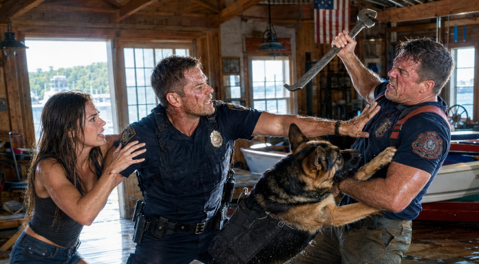 “Drop the wrench, or this dog will tear your throat out!” I coughed blood, pinned under the Fire Chief’s boot with a jagged gash across my face, while Mara screamed as the timer ticked down—revealing a dark secret that will shatter this town forever.