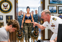 “TAKE YOUR HANDS OFF MY SON,” I Said When the Navy Lieutenant Grabbed His Hoodie—My Asthmatic Eighteen-Year-Old Had Only Asked for the Insurance Card He Needed to Buy Medicine, but the officer mocked my service record and accused us of pretending to be a military family; Then the hallway began shaking, dozens of trained K9s entered in perfect formation, and the secure phone on his desk started ringing…