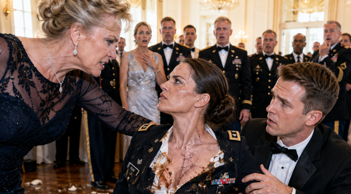 “You don’t belong at this table!” my mother-in-law hissed as she deliberately dumped her plate all over my Dress Blues. My husband grabbed my wrist under the table, forcing me to stay quiet. But when the General opened the secret folder on stage, the entire room gasped at what was inside…