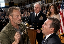 I went to my grandson’s high school JROTC ceremony just to watch him shine, but the billionaire giving the keynote speech was the same coward who betrayed my secret military unit thirty years ago. When the four-star Admiral saw my hidden insignia, everything stopped. What happened next changed our family forever…