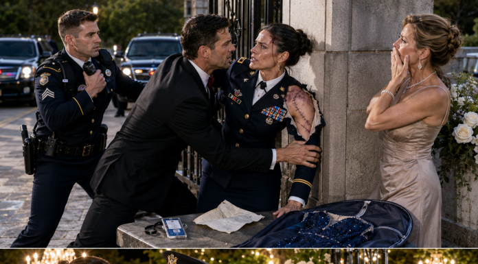 I rushed to my sister’s wedding straight from my army deployment, still wearing my Dress Blues. My arrogant ex-husband blocked the venue doors, laughing that the security guard would kick me out for wearing a “cheap costume.” But when the guard saw my ID, he immediately grabbed his radio and made one chilling announcement that made my ex turn pale…