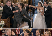 My snobby sister and her billionaire in-laws tried to physically throw me out of her lavish wedding into the freezing rain because they thought I was just a broke failure wearing a cheap thrift store coat. But when the security guards ripped my jacket open, the entire cathedral instantly froze…