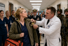 “Take off that disgusting patch!” he screamed while my patient flatlined. I ripped my combat badge off to please the PR cameras, letting it hit the sterile floor. I thought my medical career was over forever, but then the 4-star Admiral saw exactly whose blood was on it…