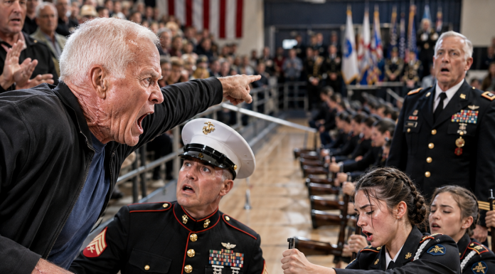 “Sir, Step Away From My Drill Line,” the Young Gunny Ordered After I Pointed Out a Timing Problem. I Didn’t Argue—I Took My Seat in Row 12. When My Granddaughter’s Formation Started Breaking Apart, I Stood, Gave One Command, and Twelve Rifle Stocks Hit the Ground Together