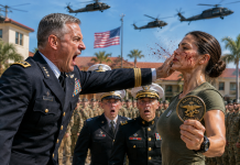 A Rear Admiral Humiliated Me in Front of 2,000 Service Members Because He Thought I Was Just a Pentagon Civilian. I Stayed Silent, Wiped My Lip, and Took One Black Coin From My Pocket—Then the Military Police Officer Beside Him Suddenly Refused to Follow His Order…