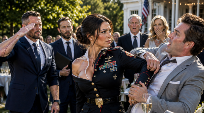 My billionaire family threw a glass at me, calling me a pathetic mall cop in front of the elite. But their laughter stopped when the very VIP guests my father desperately wanted to impress suddenly snapped a military salute to me. What happened next destroyed our family empire forever…
