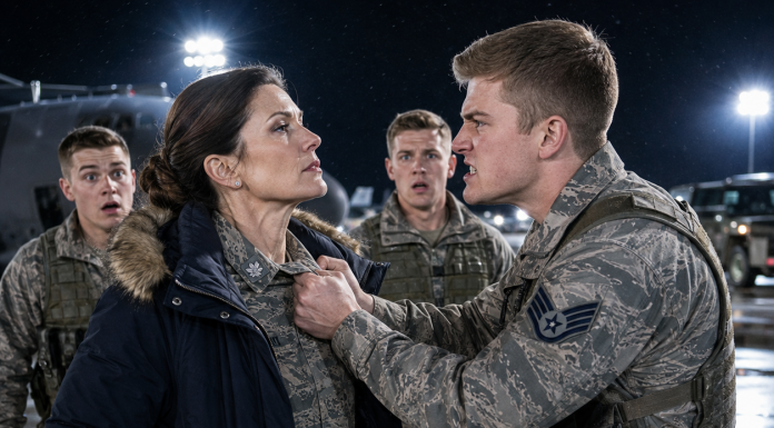 “You lost, ma’am? Gift shop’s the other way.” The airman batted the cover off my head and went back to laughing with his friends. “People will wear anything for a photo.” I crouched for my hat. By the jet, a colonel had gone pale. He crossed the ramp and grabbed the kid’s arm. “Any idea who you just…”