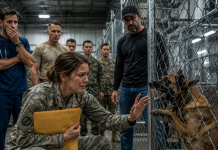 The retired military dogs had barked at every stranger who walked into the Coronado hangar that morning—until I stepped through the doors and whispered my late husband’s name. Instantly, every K9 froze. One of them pressed against the kennel trembling, another lowered his head and whimpered, and fifty hardened Navy SEALs suddenly went silent because they realized the dogs remembered something the military had tried very hard to bury.