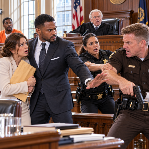 Courtroom Showdown with Protective Shield