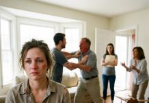 You’ll cancel your wedding and hand over your savings, or you’re dead to this family!” my father screamed as he tore my shirt, while James threw him back across our wrecked living room. With blood on my cheek, I thought this was just about my sister’s pregnancy—until I found the forged mortgage papers scattered beneath our feet.
