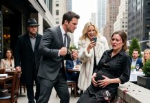 “Clean it up, you pathetic pregnant beggar!” my ex-husband snarled as he struck me, while his mistress filmed my humiliation outside the restaurant. I shielded my baby through tears, completely unaware that the feared mafia boss stepping out of the shadows was my childhood protector ready to destroy them both.