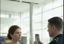 He handed me his garment bag without looking up. “Hang that when we board, ma’am.” I held it. Two men in the row behind me stood at the same time. Same haircut. Same earpiece. He kept scrolling his phone. “SIR, YOU’LL WANT TO PUT THAT DOWN.”