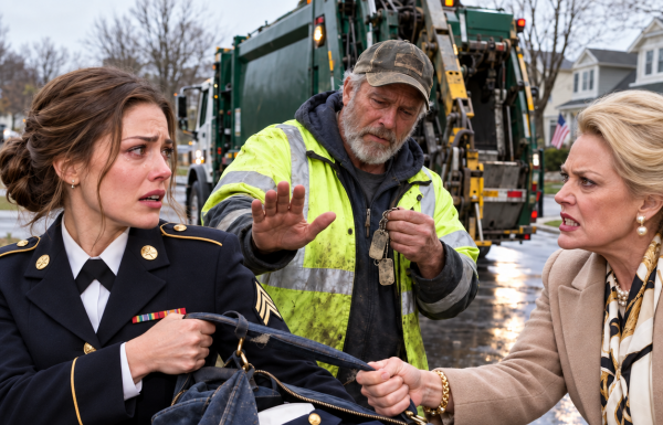 “Out by Tuesday,” my stepmom told the whole street. “The Navy didn’t want her either.” My sea bag on the curb. Stencil facing up. The garbage truck stopped. The driver climbed down. Read it twice. Went white. She laughed. “Just toss it.” 9 minutes later, three more trucks pulled up.