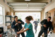 “You should have stayed at the hospital tonight, babe.” My husband sneered, unaware that I was already swinging a steel pipe to shatter the chemical bottle in his corrupt cop lover’s face, buying precious seconds before the backup officer at the garage door realized who the real monsters were.