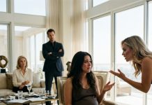 “Sign the papers, Harper, or Marissa will ensure you leave this penthouse with nothing—not even your dignity!” Damon sneered as I sat weeping, clutching my seven-month belly while his family cornered me. Little did they know, the heavy oak doors were about to shatter, revealing the billionaire father they thought was dead.