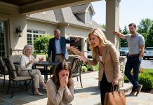 “Get this bleeding mess off my patio before Balthazar’s wealthy business partners arrive!” my father barked as I wept on the stones, my cheekbone crushed by my sister’s bag; they mocked my supposedly deadbeat husband, completely unaware that his military convoy was already rolling in to seize the estate.